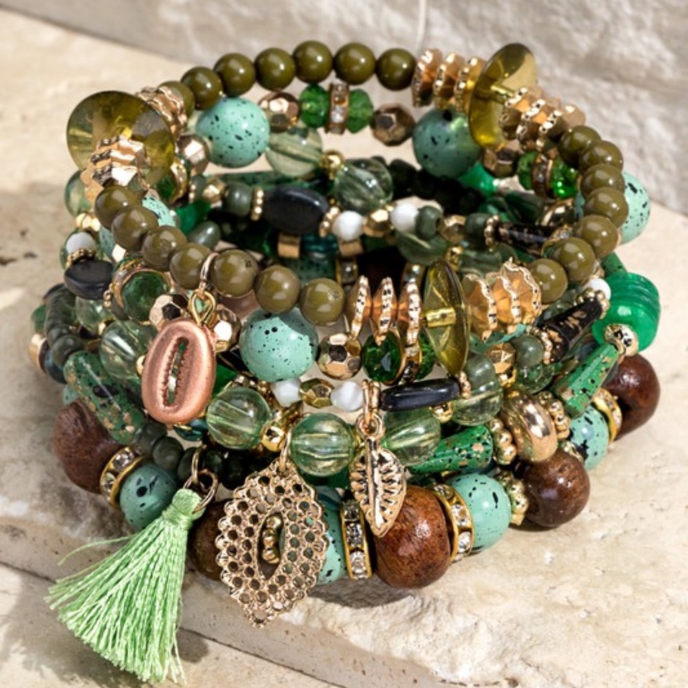 New Bohemian Natural Stone Multi Strand Seagrass Tone Bracelet